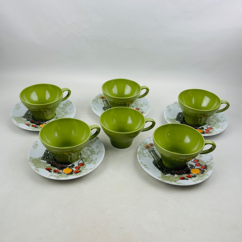Vintage Texas Ware Fruit and Bottle Melamine Cup Saucer Set Lot Avocado Green